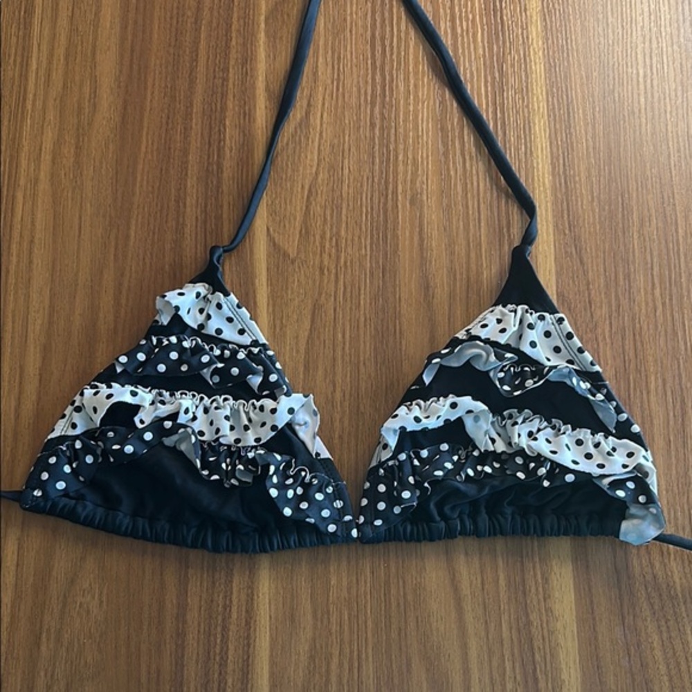 GUC Xhilaration Black and White Lace Polka Dot Ruffled Bikini Halter Top 🫧